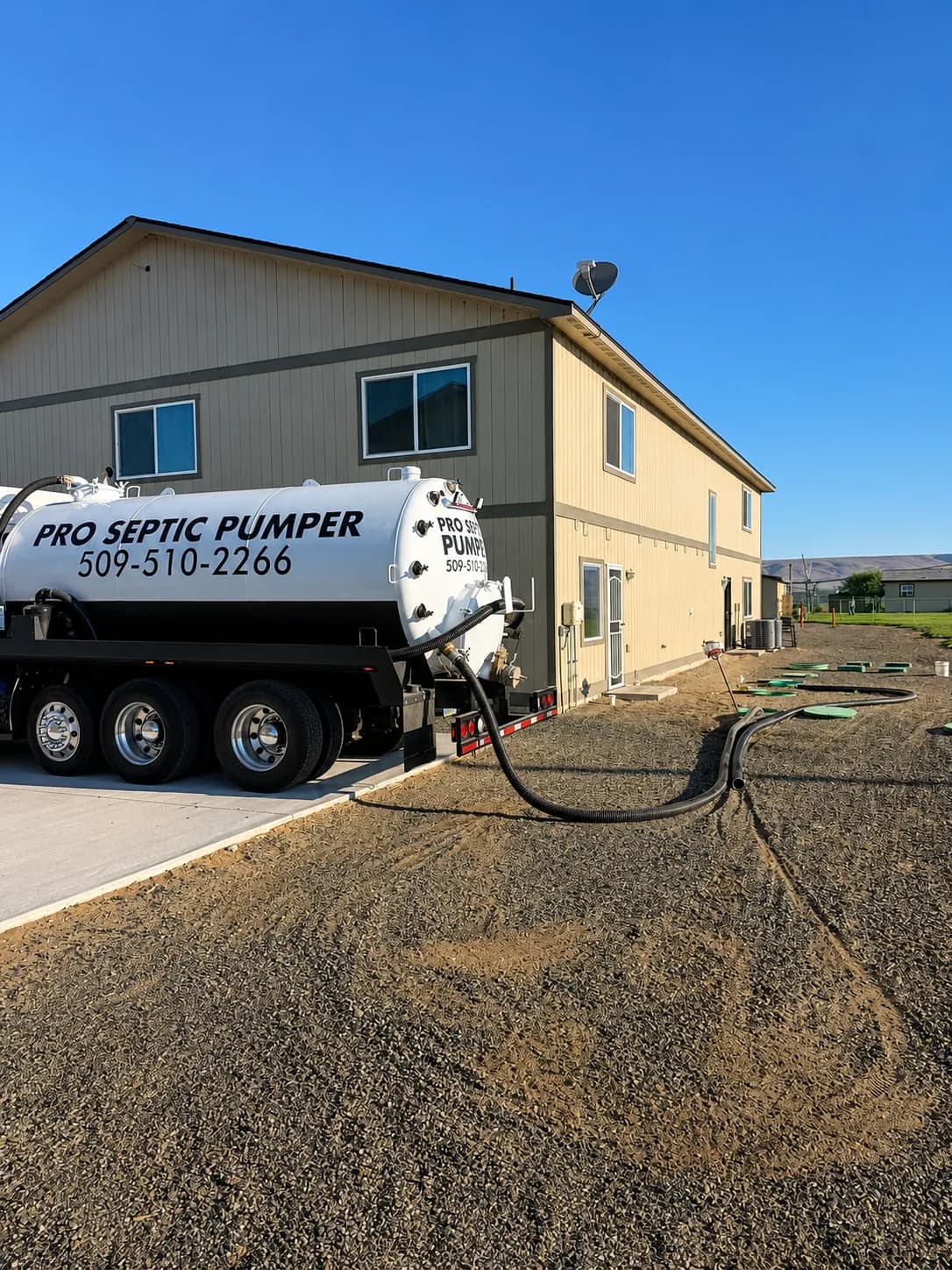 Pro Septic Pumper truck pumping a tank on a job site