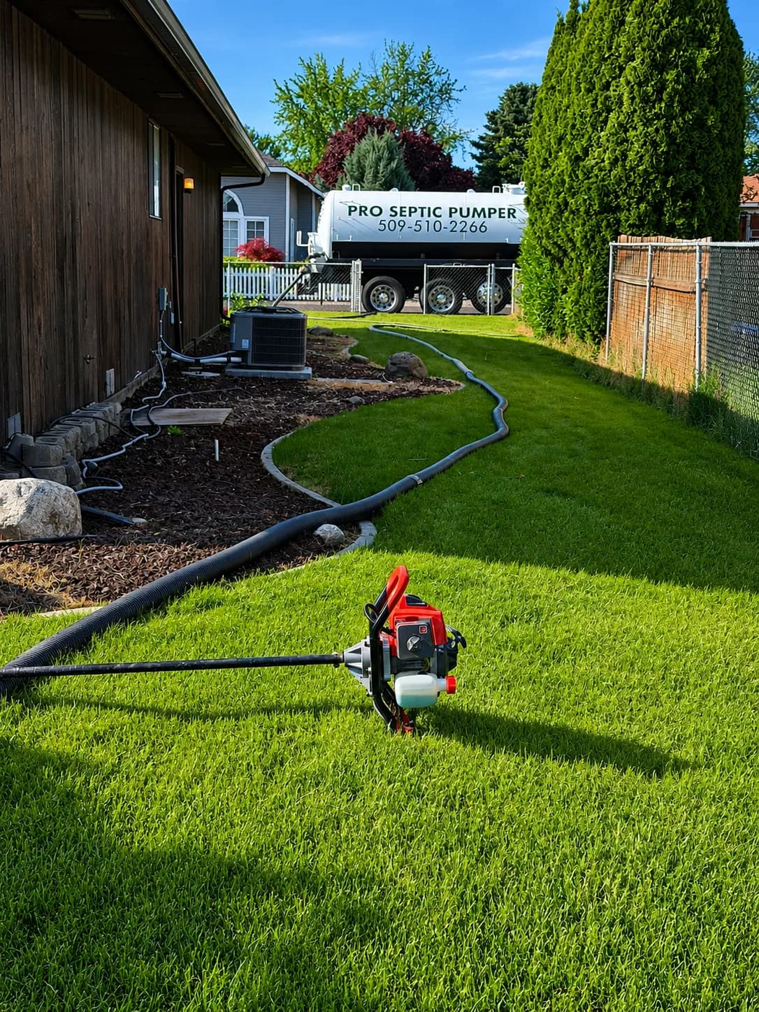 Pro Septic Pumper hose run across a backyard during a pump job
